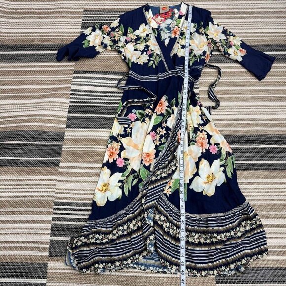 Farm Rio Anthropologie Midnight‎ Flower Wrap Dress 3/4 Sleeves Blue SP - Picture 14 of 16